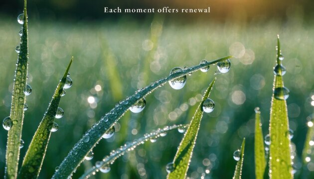 Extreme macro shot of morning dew drops clinging to green blades of grass against a soft bokeh background with bright sunlight reflections, refraction, and a white text overlay.