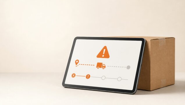 air freight logistics tracking. Tablet displaying shipment delay alert next to a cardboard box on a plain surface.