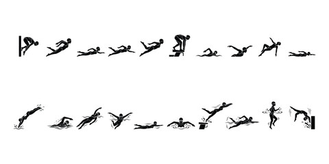 Fototapeta premium Collection of Women Swimming and Diving Silhouettes in Different Poses