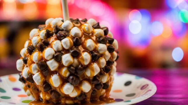 Macro shot of a gourmet caramel apple heavily coated with mini marshmallows and chocolate chips on a polka dot plate with colorful carnival bokeh lights in the background.