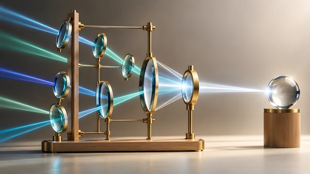 Brass Optical Lenses Focusing Scattered Light Beams into a Single Bright Ray on a Glass Sphere Representing Business Focus and Synergy