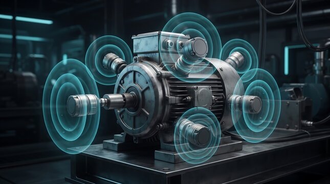 Industrial electric motor with digital sensor signals, smart factory predictive maintenance concept, vibration monitoring in manufacturing plant