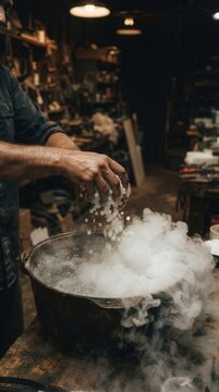 Artisan Pouring Dry Ice in a Steamy Workshop