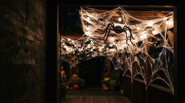 Halloween Porch Decor with String Lights and Spider Webs