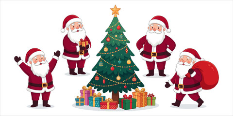 Fototapeta premium Festive christmas vector illustration featuring multiple santa claus characters surrounding a decorated pine tree with gift boxes