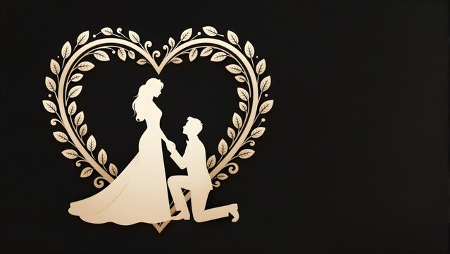Elegant silhouette of a man proposing marriage to his beautiful bride inside a decorative heart shaped frame featuring intricate golden leaves on a stark black background 