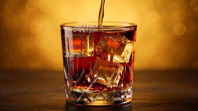 Pouring bourbon over ice in crystal glass with warm golden lighting