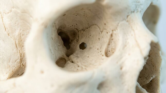 Close-up extreme macro view of a human skull's orbital bone with a small hole and porous texture eye socket