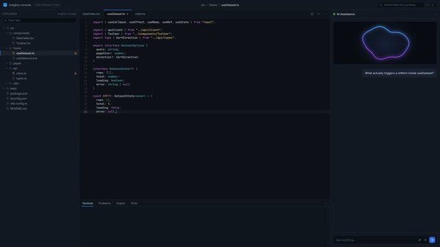 AI code agent assistant helping developer in code editor, TypeScript programming with AI chat panel, software development and artificial intelligence