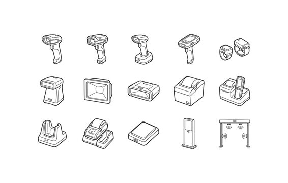 Barcode scanner handheld terminal receipt printer and POS terminal line icon set vector