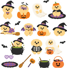 Obraz premium Cute Kawaii Golden Retriever Halloween Puppy Costume Clipart Set