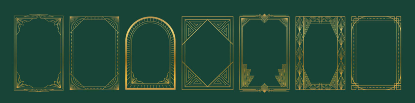 Art deco frame with gatsby border and elegant gold ornament. Luxury vector pattern with geometric lines and vintage design elements for abstract wedding invitations and premium intricate menu cards.