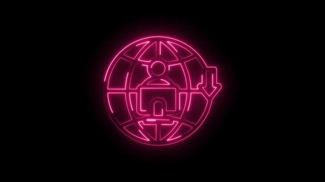 Glowing pink neon globe icon with person at computer and down arrow symbolizing global network