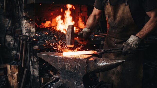 A skilled blacksmith works with glowing hot metal on an anvil inside a dark traditional industrial metal workshop