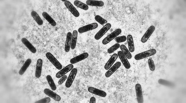 Microscopic view of rod shaped bacteria cells viewed under a laboratory light microscope for medical and scientific research