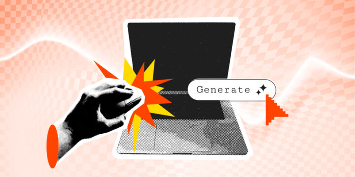 AI technology banner with halftone laptop and hand collage on checkered background. Vector realistic illustration of user clicking button to generate prompt, data search and online learning poster