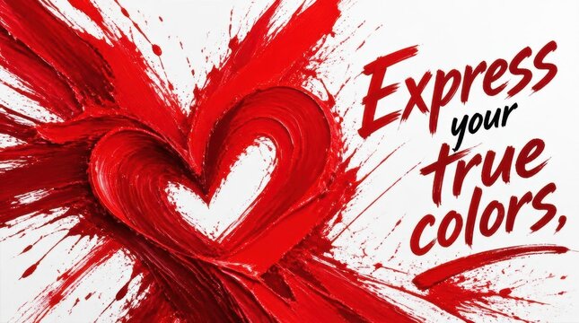 Abstract crimson red oil paint brushstrokes forming a large textured heart with splatters on a white background including the text Express your true colors in script font.