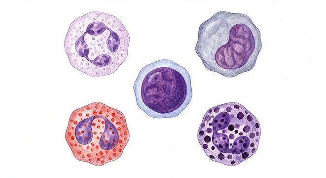 Hand drawn watercolor illustration of human white blood cells