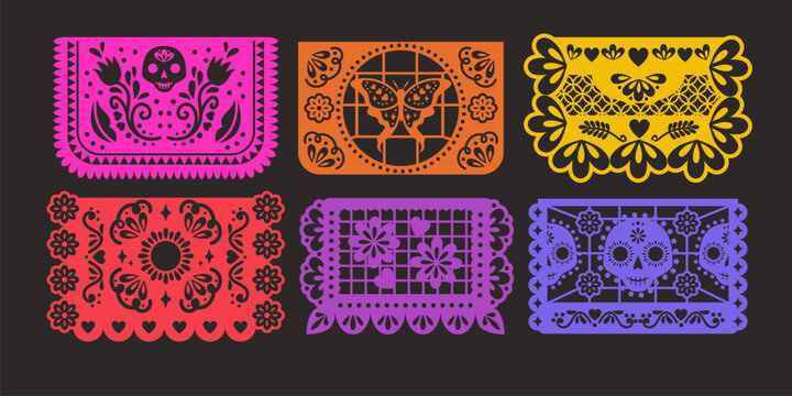 Mexican paper bunting pattern with papel picado flags for Day of the Dead celebration. Colorful banner design with traditional hispanic elements, festive border decor and perforated pennants.
