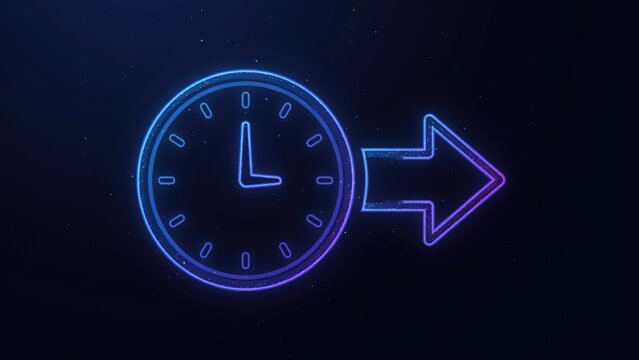 Glowing neon clock icon with right arrow on dark background