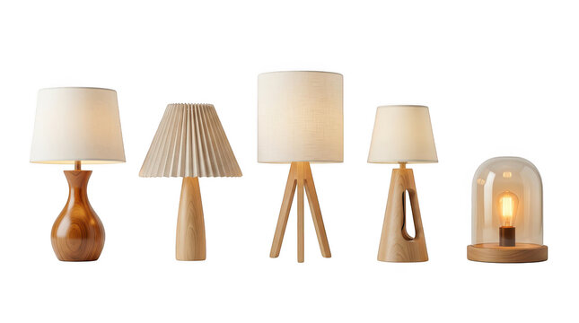 Collection of various modern wooden table lamps with fabric shades isolated on transparent background