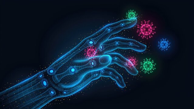 Digital wireframe human hand touching glowing virus particles