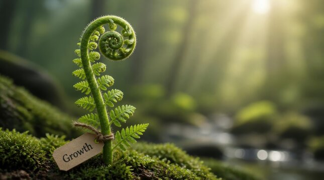 Detailed view of a young fern crosier emerging from mossy ground featuring a paper tag with the word Growth, set in a misty green woodland with soft natural sun rays.