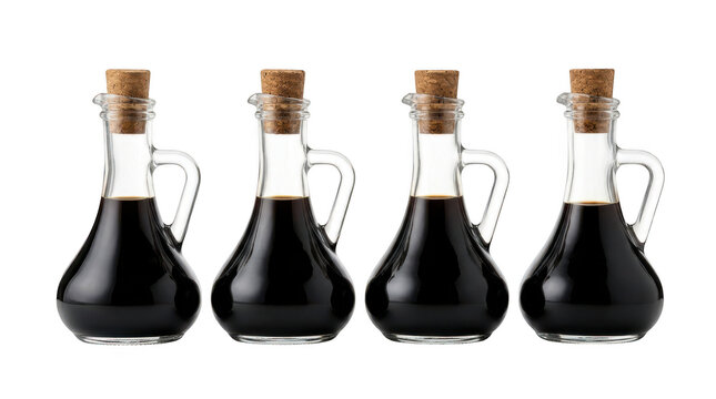 Four glass cruets with cork stoppers filled with balsamic vinegar isolated on transparent background