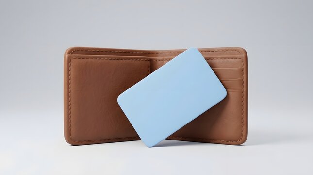 Minimalist 3D render of an open brown leather wallet with a blank light blue credit card mockup on a clean white background, ideal for financial banking, e-commerce, and payment design concepts.