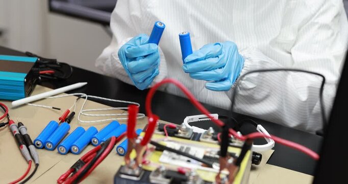 Technician in protective gloves assembles blue battery cells and tests wiring on an electronics workbench.