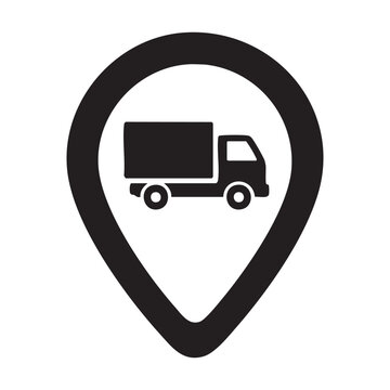 Delivery truck location pin icon, black and white shipping vehicle map pointer vector, logistics tracking symbol for transport apps