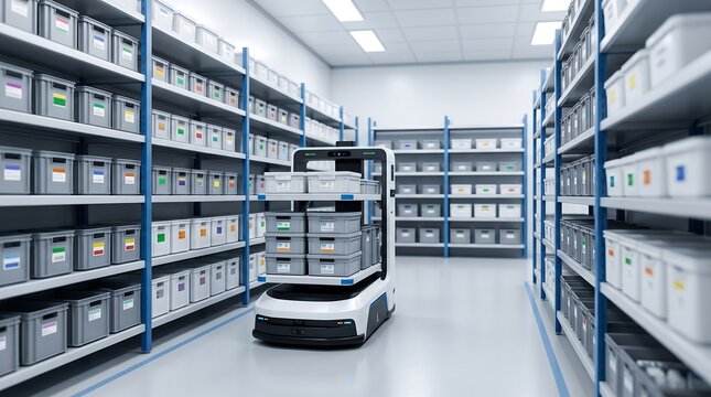 Autonomous mobile robot in automated warehouse, smart logistics AGV carrying storage bins, futuristic industrial fulfillment center
