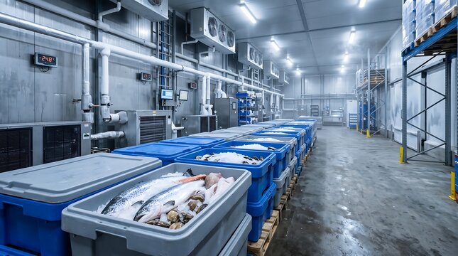 Cold storage warehouse for seafood processing, industrial freezer room with fresh fish on ice, commercial refrigeration facility