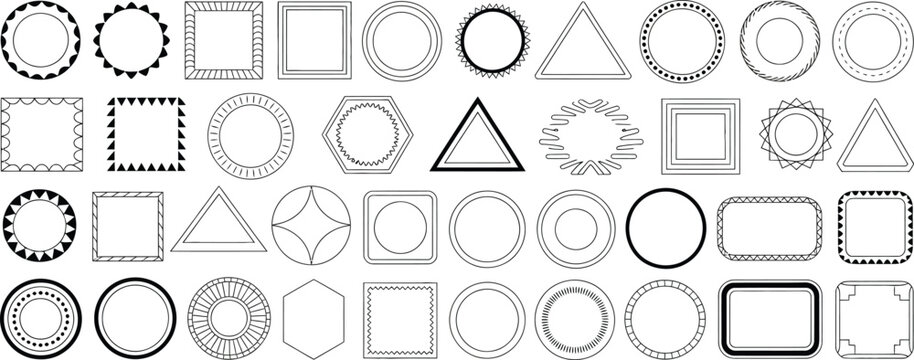 Vintage stamp and label frame collection in black style with decorative circles, rectangles, badges, and textured borders for branding.