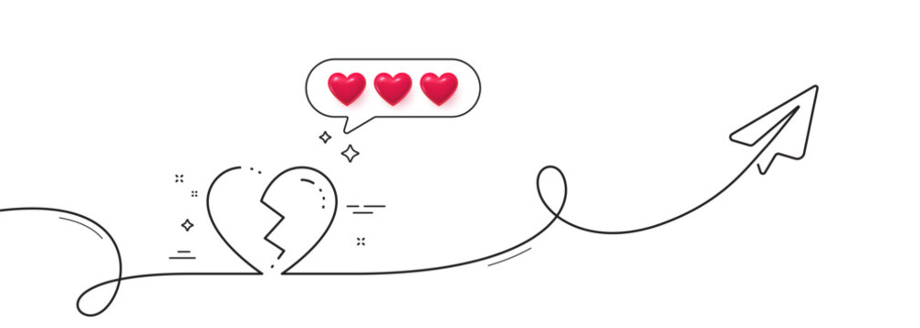 Broken heart line icon. Continuous line with share plane. Love crush sign. Divorce symbol. Hearts rate review in speech bubble. Broken heart single line ribbon. Loop curve pattern. Vector