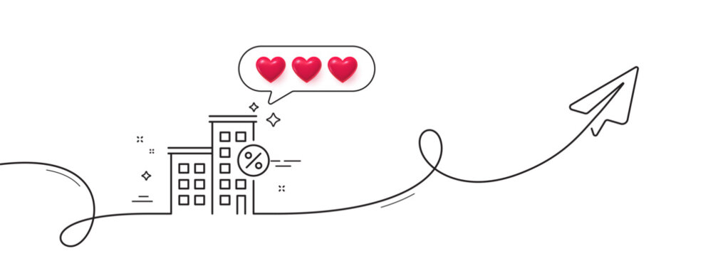 Loan house percent line icon. Continuous line with share plane. Discount sign. Credit percentage symbol. Hearts rate review in speech bubble. Loan house single line ribbon. Loop curve pattern. Vector