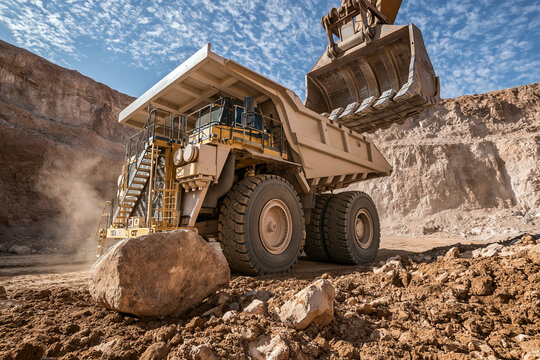 An industrial mining vehicle, a large haul truck, is positioned in a dusty quarry, positioned under a large metal excavator bucket.