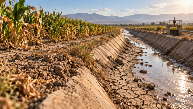Agricultural water scarcity dry irrigation canal corn field drought landscape