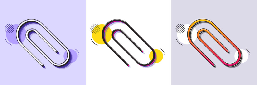 Attach line icon. Halftone dotted pattern. Gradient icon with grain shadow. Attachment paper clip sign. Office stationery object symbol. Line paper clip icon. Various designs. Vector