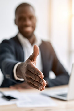 A first person perspective of a business handshake offer with shallow depth of field.