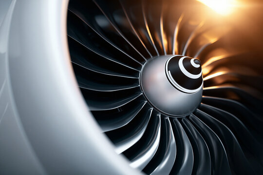 Close up shot of a jet engine turbine in a beautiful sunset light.