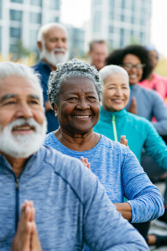 A group of seniors in a bright, modern park, doing a gentle outdoor stretching session or yoga-inspired movement.
