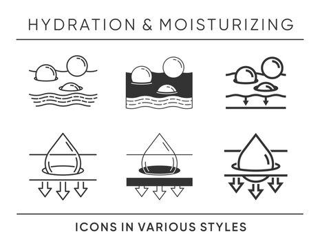Hydration and Moisturizing Skincare Icons Set, multi-style