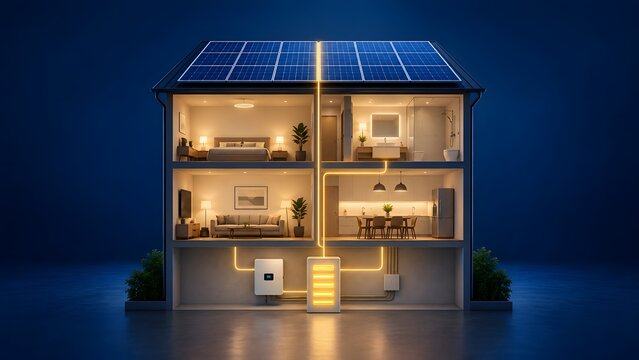 Cross section view of a modern residential house demonstrating roof solar panels routing electricity to a battery storage system powering interior rooms