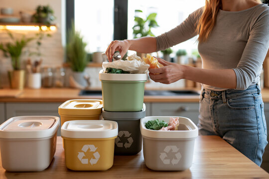 A person sorting recycling into distinct, aesthetically pleasing bins in a modern kitchen.