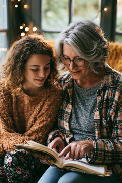 An elderly person and a teenager sitting together in a sun-lit, cozy place, reading a book.