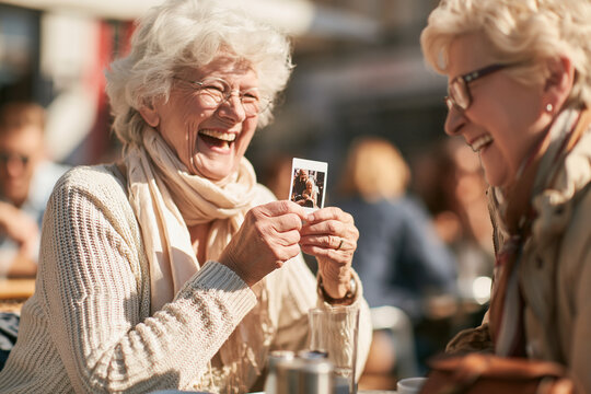 An elderly woman holding a freshly developing instant photo in her hands, laughing delightedly as she looks at it alongside a lifelong friend.