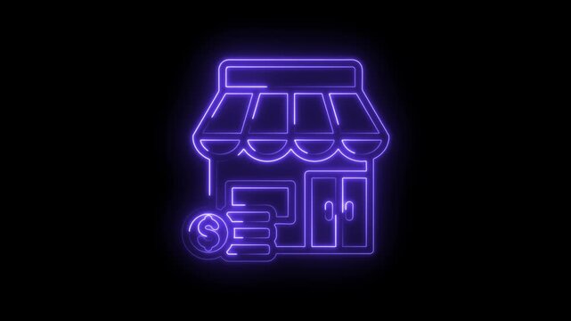 Neon store icon with dollar coin glowing purple on black background representing retail business