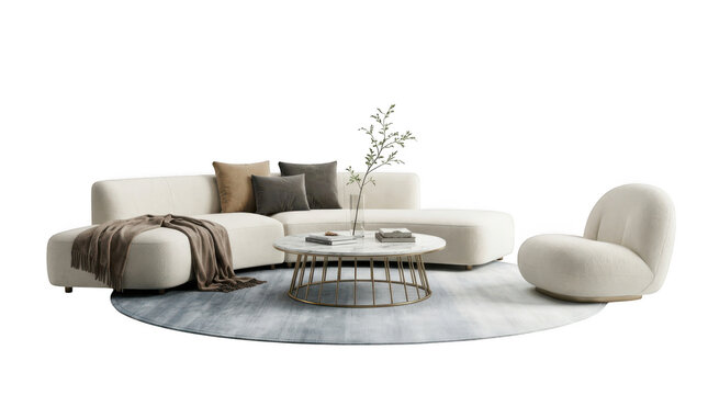 Modern curved sofa with coffee table and armchair on round rug isolated on transparent background