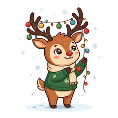 Fototapeta premium Cute christmas deer mascot holding colorful holiday lights wearing winter sweater